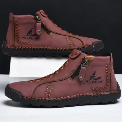 Online OUKU Men's White Faux Leather Casual Ankle Boots with Zipper and Hand-Stitched Sole | Stylish and Comfortable Outdoor Footwear