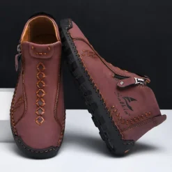 Online OUKU Men's White Faux Leather Casual Ankle Boots with Zipper and Hand-Stitched Sole | Stylish and Comfortable Outdoor Footwear