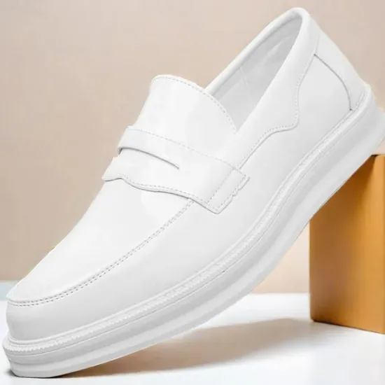 New OUKU Men's White Faux Leather Penny Loafers – Sleek Casual and Formal Shoes for Business, Parties, and Everyday Wear