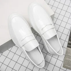 New OUKU Men's White Faux Leather Penny Loafers – Sleek Casual and Formal Shoes for Business, Parties, and Everyday Wear