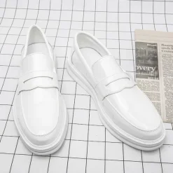 New OUKU Men's White Faux Leather Penny Loafers – Sleek Casual and Formal Shoes for Business, Parties, and Everyday Wear