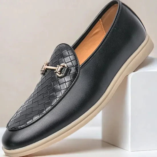 New OUKU Men's White Faux Leather Slip-On Loafers with Woven Detail and Gold Buckle – Elegant Casual Shoes for Work and Formal Occasions