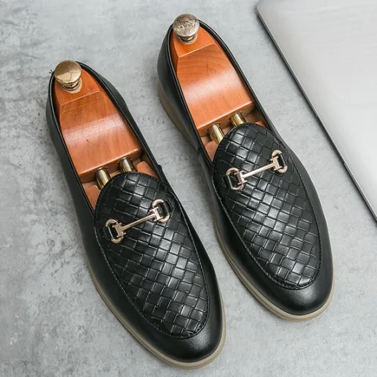 New OUKU Men's White Faux Leather Slip-On Loafers with Woven Detail and Gold Buckle – Elegant Casual Shoes for Work and Formal Occasions