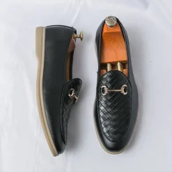 New OUKU Men's White Faux Leather Slip-On Loafers with Woven Detail and Gold Buckle – Elegant Casual Shoes for Work and Formal Occasions