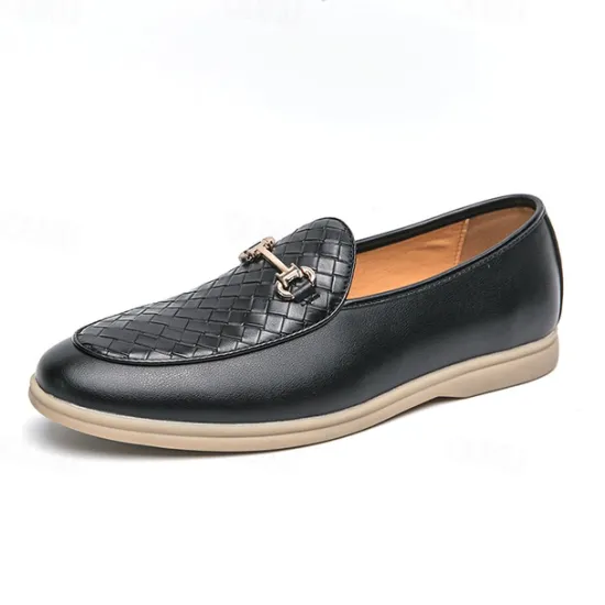 New OUKU Men's White Faux Leather Slip-On Loafers with Woven Detail and Gold Buckle – Elegant Casual Shoes for Work and Formal Occasions