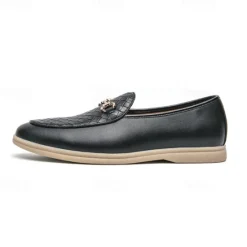 New OUKU Men's White Faux Leather Slip-On Loafers with Woven Detail and Gold Buckle – Elegant Casual Shoes for Work and Formal Occasions