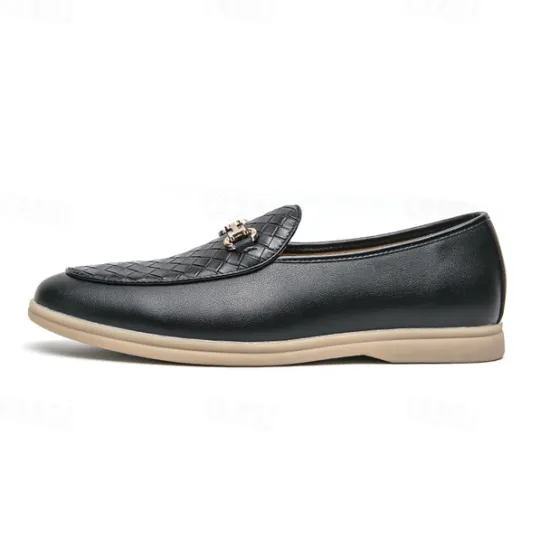 New OUKU Men's White Faux Leather Slip-On Loafers with Woven Detail and Gold Buckle – Elegant Casual Shoes for Work and Formal Occasions