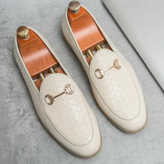 New OUKU Men's White Faux Leather Slip-On Loafers with Woven Detail and Gold Buckle – Elegant Casual Shoes for Work and Formal Occasions