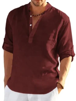 Hot OUKU Men's white Linen Shirt Plain V Neck Maroon Black White Army Green Navy Blue Daily Going out Long Sleeve Clothing Apparel Fashion Designer Business Elegant