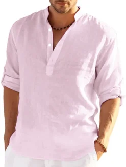 Hot OUKU Men's white Linen Shirt Plain V Neck Maroon Black White Army Green Navy Blue Daily Going out Long Sleeve Clothing Apparel Fashion Designer Business Elegant