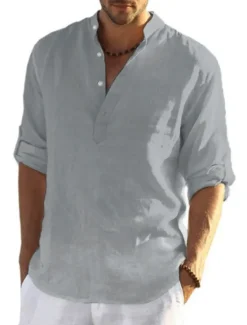 Hot OUKU Men's white Linen Shirt Plain V Neck Maroon Black White Army Green Navy Blue Daily Going out Long Sleeve Clothing Apparel Fashion Designer Business Elegant