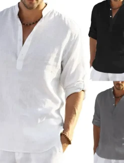 Hot OUKU Men's white Linen Shirt Plain V Neck Maroon Black White Army Green Navy Blue Daily Going out Long Sleeve Clothing Apparel Fashion Designer Business Elegant