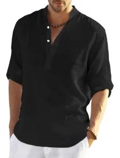 Hot OUKU Men's white Linen Shirt Plain V Neck Maroon Black White Army Green Navy Blue Daily Going out Long Sleeve Clothing Apparel Fashion Designer Business Elegant