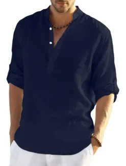 Hot OUKU Men's white Linen Shirt Plain V Neck Maroon Black White Army Green Navy Blue Daily Going out Long Sleeve Clothing Apparel Fashion Designer Business Elegant