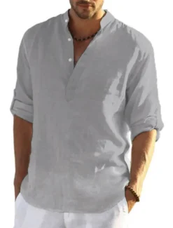 Hot OUKU Men's white Linen Shirt Plain V Neck Maroon Black White Army Green Navy Blue Daily Going out Long Sleeve Clothing Apparel Fashion Designer Business Elegant