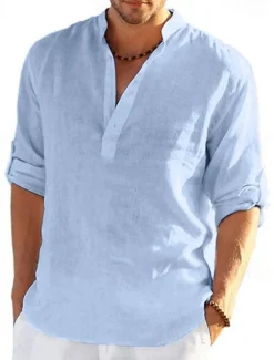 Hot OUKU Men's white Linen Shirt Plain V Neck Maroon Black White Army Green Navy Blue Daily Going out Long Sleeve Clothing Apparel Fashion Designer Business Elegant