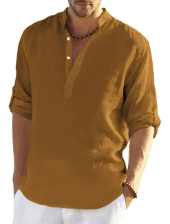 Hot OUKU Men's white Linen Shirt Plain V Neck Maroon Black White Army Green Navy Blue Daily Going out Long Sleeve Clothing Apparel Fashion Designer Business Elegant
