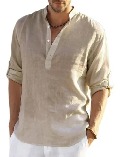 Hot OUKU Men's white Linen Shirt Plain V Neck Maroon Black White Army Green Navy Blue Daily Going out Long Sleeve Clothing Apparel Fashion Designer Business Elegant