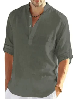 Hot OUKU Men's white Linen Shirt Plain V Neck Maroon Black White Army Green Navy Blue Daily Going out Long Sleeve Clothing Apparel Fashion Designer Business Elegant