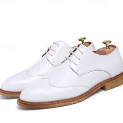 OUKU Men's White Patent Faux Leather Oxford Shoes with Crocodile Pattern and Wooden Sole - Sleek Formal Footwear for Weddings and Special Events