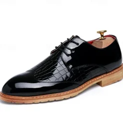 OUKU Men's White Patent Faux Leather Oxford Shoes with Crocodile Pattern and Wooden Sole - Sleek Formal Footwear for Weddings and Special Events