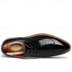 OUKU Men's White Patent Faux Leather Oxford Shoes with Crocodile Pattern and Wooden Sole - Sleek Formal Footwear for Weddings and Special Events