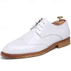 OUKU Men's White Patent Faux Leather Oxford Shoes with Crocodile Pattern and Wooden Sole - Sleek Formal Footwear for Weddings and Special Events