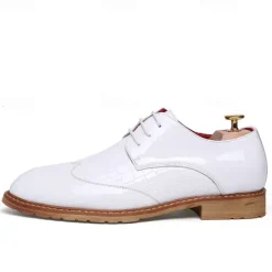 OUKU Men's White Patent Faux Leather Oxford Shoes with Crocodile Pattern and Wooden Sole - Sleek Formal Footwear for Weddings and Special Events