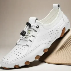Online OUKU Men's White Perforated Casual Shoes with Hand-Stitched Detailing, Breathable Mesh Upper and Comfortable Slip-On Design