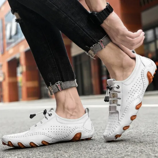 Online OUKU Men's White Perforated Casual Shoes with Hand-Stitched Detailing, Breathable Mesh Upper and Comfortable Slip-On Design