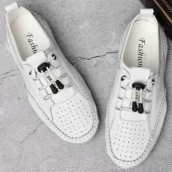 Online OUKU Men's White Perforated Casual Shoes with Hand-Stitched Detailing, Breathable Mesh Upper and Comfortable Slip-On Design