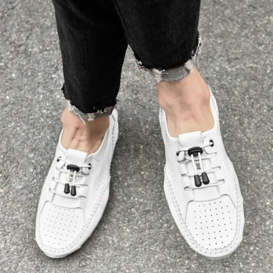 Online OUKU Men's White Perforated Casual Shoes with Hand-Stitched Detailing, Breathable Mesh Upper and Comfortable Slip-On Design