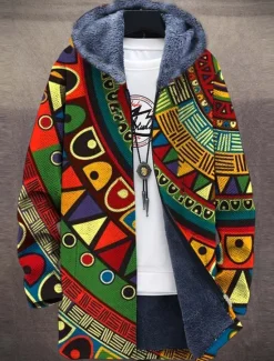 Clearance OUKU Men's Winter Coat Fleece Jacket Coat Thermal Warm Vintage Tribal Daily Wear Going out Pocket Print Fall & Winter Hooded Long Sleeve Green