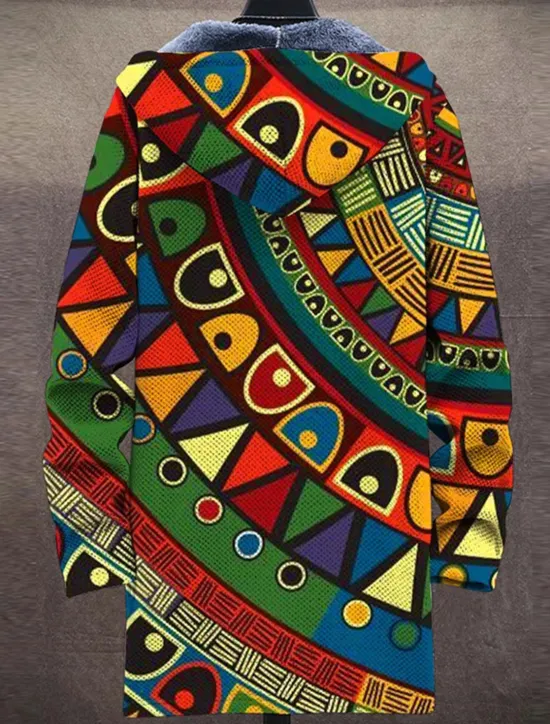 Clearance OUKU Men's Winter Coat Fleece Jacket Coat Thermal Warm Vintage Tribal Daily Wear Going out Pocket Print Fall & Winter Hooded Long Sleeve Green