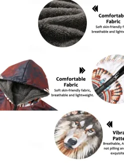 Hot OUKU Men's Winter Coat Fleece Jacket Coat Sports & Outdoor Daily Wear Warm Breathable Zipper Pocket Fall & Winter Wolf Bandana Print Streetwear Ethnic Style Hoodie Long Regular Fit Black Purple Orange