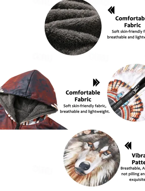 Hot OUKU Men's Winter Coat Fleece Jacket Coat Sports & Outdoor Daily Wear Warm Breathable Zipper Pocket Fall & Winter Wolf Bandana Print Streetwear Ethnic Style Hoodie Long Regular Fit Black Purple Orange