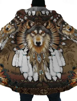 Hot OUKU Men's Winter Coat Fleece Jacket Coat Sports & Outdoor Daily Wear Warm Breathable Zipper Pocket Fall & Winter Wolf Bandana Print Streetwear Ethnic Style Hoodie Long Regular Fit Black Purple Orange