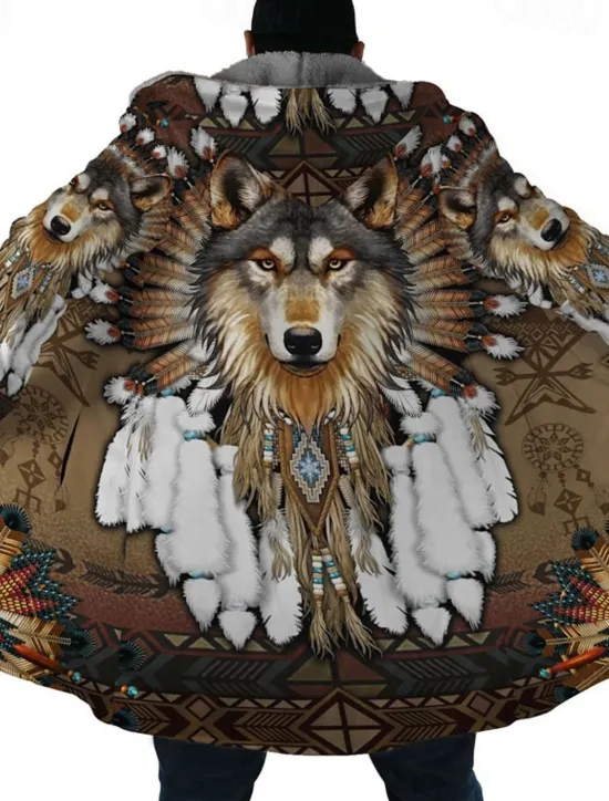 Hot OUKU Men's Winter Coat Fleece Jacket Coat Sports & Outdoor Daily Wear Warm Breathable Zipper Pocket Fall & Winter Wolf Bandana Print Streetwear Ethnic Style Hoodie Long Regular Fit Black Purple Orange
