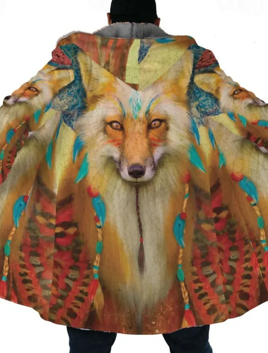 Hot OUKU Men's Winter Coat Fleece Jacket Coat Sports & Outdoor Daily Wear Warm Breathable Zipper Pocket Fall & Winter Wolf Bandana Print Streetwear Ethnic Style Hoodie Long Regular Fit Black Purple Orange