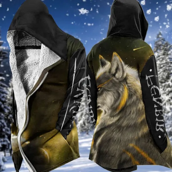 Clearance OUKU Men's Winter Coat Fleece Jacket Coat Sports & Outdoor Daily Wear Warm Breathable Zipper Pocket Fall & Winter Animal Wolf Fashion Streetwear Hoodie Long Regular Fit Black Yellow Blue Purple Green