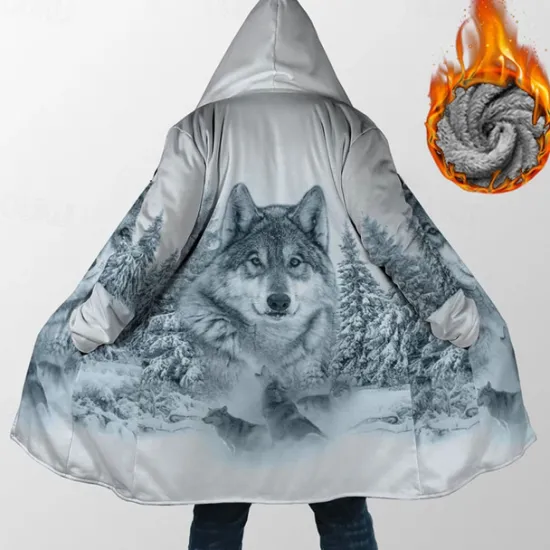 Discount OUKU Men's Winter Coat Fleece Jacket Coat Sports & Outdoor Daily Wear Warm Breathable Zipper Pocket Fall & Winter Animal Wolf Fashion Streetwear Hoodie Long Regular Fit Jacket Gray