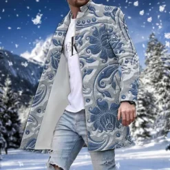 New OUKU Men's Winter Coat Overcoat Coat Going out Weekend Print Fall & Winter Turndown Long Sleeve Blue Green khaki