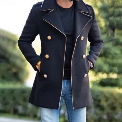 New OUKU Men's Winter Coat Overcoat Peacoat Formal Party Winter Spring & Fall Polyester Windbreaker Outerwear Clothing Apparel Elegant Fashion Solid Color Vintage Style Lapel Double Breasted Black