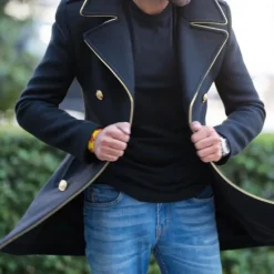 New OUKU Men's Winter Coat Overcoat Peacoat Formal Party Winter Spring & Fall Polyester Windbreaker Outerwear Clothing Apparel Elegant Fashion Solid Color Vintage Style Lapel Double Breasted Black
