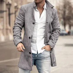 OUKU Men's Winter Coat Overcoat Trench Coat Outdoor Daily Wear Fall & Winter Polyester Outerwear Clothing Apparel Fashion Streetwear Geometric Lapel Single Breasted Gray