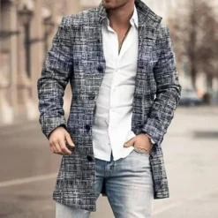 OUKU Men's Winter Coat Overcoat Trench Coat Outdoor Daily Wear Fall & Winter Polyester Outerwear Clothing Apparel Fashion Streetwear Geometric Lapel Single Breasted Gray
