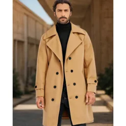 Hot OUKU Men's Winter Coat Overcoat Peacoat Trench Coat Daily Vacation Fall & Winter 95% polyester 5% cotton Thermal Warm Outerwear Clothing Apparel Fashion Classic Plain Pocket Lapel Double Breasted