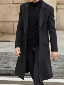 Outlet OUKU Men's Winter Coat Overcoat Work Business Fall & Winter Solid Colored Notch lapel collar Long Black Khaki Gray Jacket