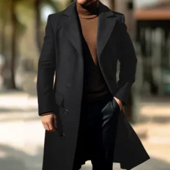Online OUKU Men's Winter Coat Overcoat Peacoat Outdoor Daily Wear Fall & Winter Polyester Thermal Warm Waterproof Outerwear Clothing Apparel Fashion Streetwear Plain Lapel Double Breasted