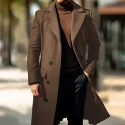 Online OUKU Men's Winter Coat Overcoat Peacoat Outdoor Daily Wear Fall & Winter Polyester Thermal Warm Waterproof Outerwear Clothing Apparel Fashion Streetwear Plain Lapel Double Breasted